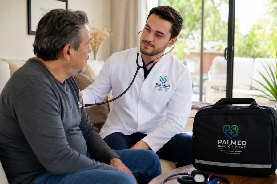 Médico de PALMED atendiendo a un paciente en su hotel o casa